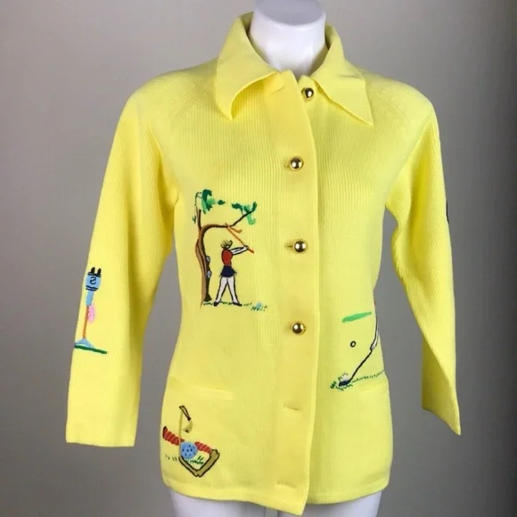 Andreno Argenti Vintage Yellow Embroidered Golf Cardigan M - Picture 2 of 13